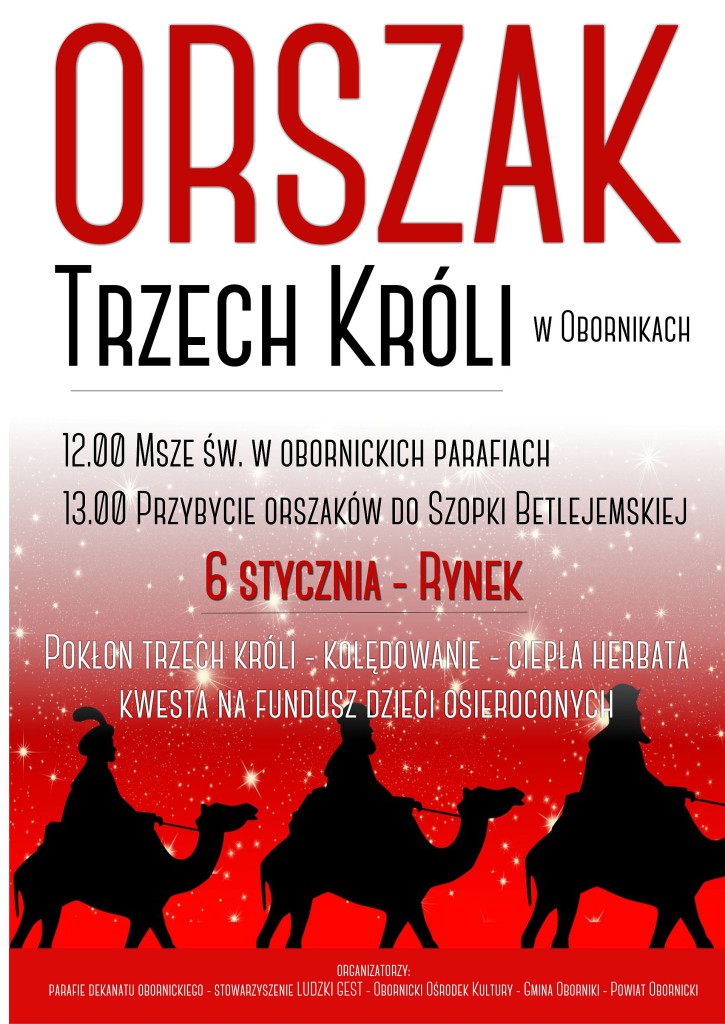Plakat Orszaku Trzech Króli w Obornikach, 6 stycznia, z sylwetkami trzech króli na wielbłądach.