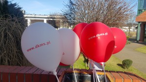 Czerwone i białe balony z napisem www.dkms.pl stoją na ceglanym murku przed budynkiem.