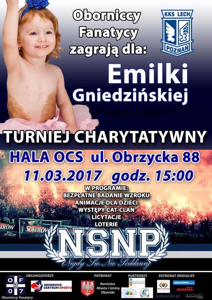 Plakat turnieju charytatywnego KKS Lech Poznań dla Emilki Gniedzińskiej, 11.03.2017, hala OCS, ul. Obrzycka 88.