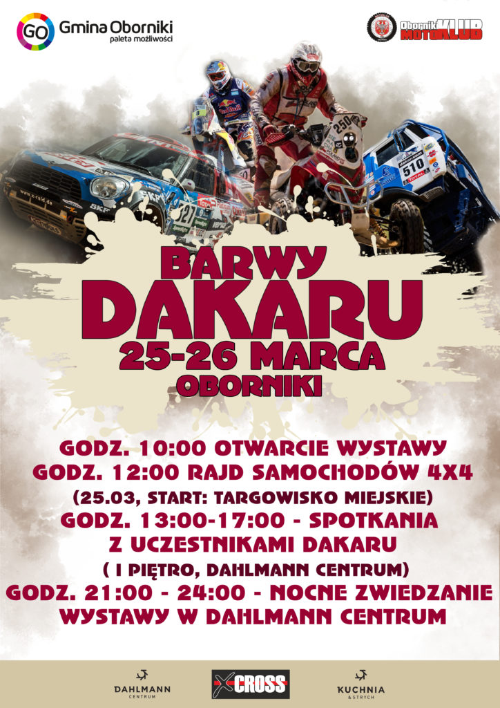 Plakat imprezy Barwy Dakaru w Obornikach, 25–26 marca, z samochodami rajdowymi i programem wydarzeń.