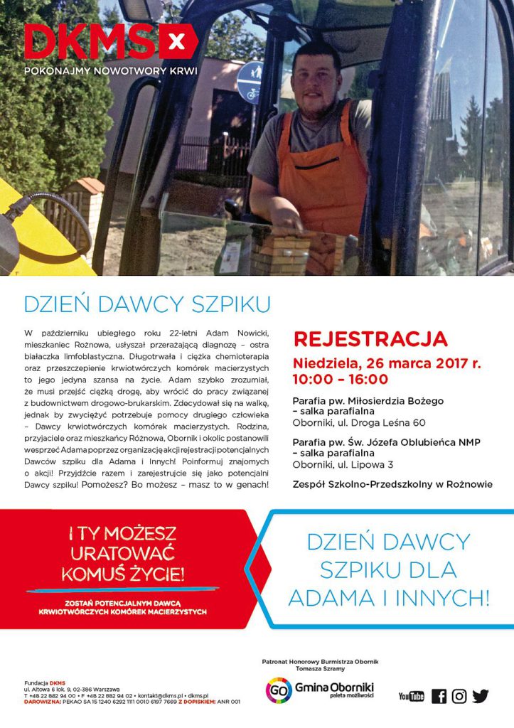 Plakat Dnia Dawcy Szpiku dla Adama i innych, 26 marca 2017 r. – miejsca i godziny rejestracji podano w treści wpisu.