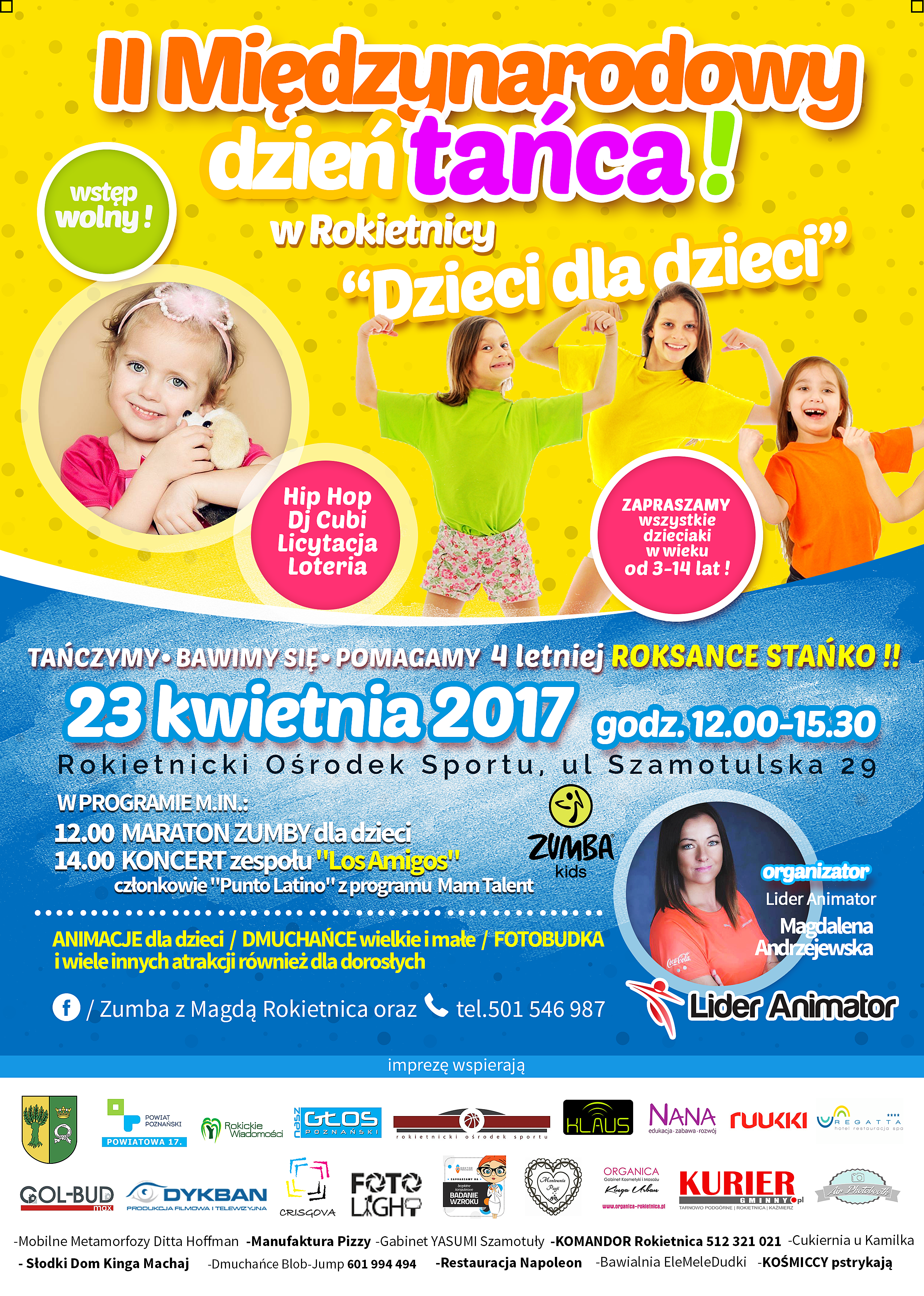 Plakat II Międzynarodowego Dnia Tańca „Dzieci dla dzieci” w Rokietnicy, 23 kwietnia 2017, godz. 12:00–15:30.
