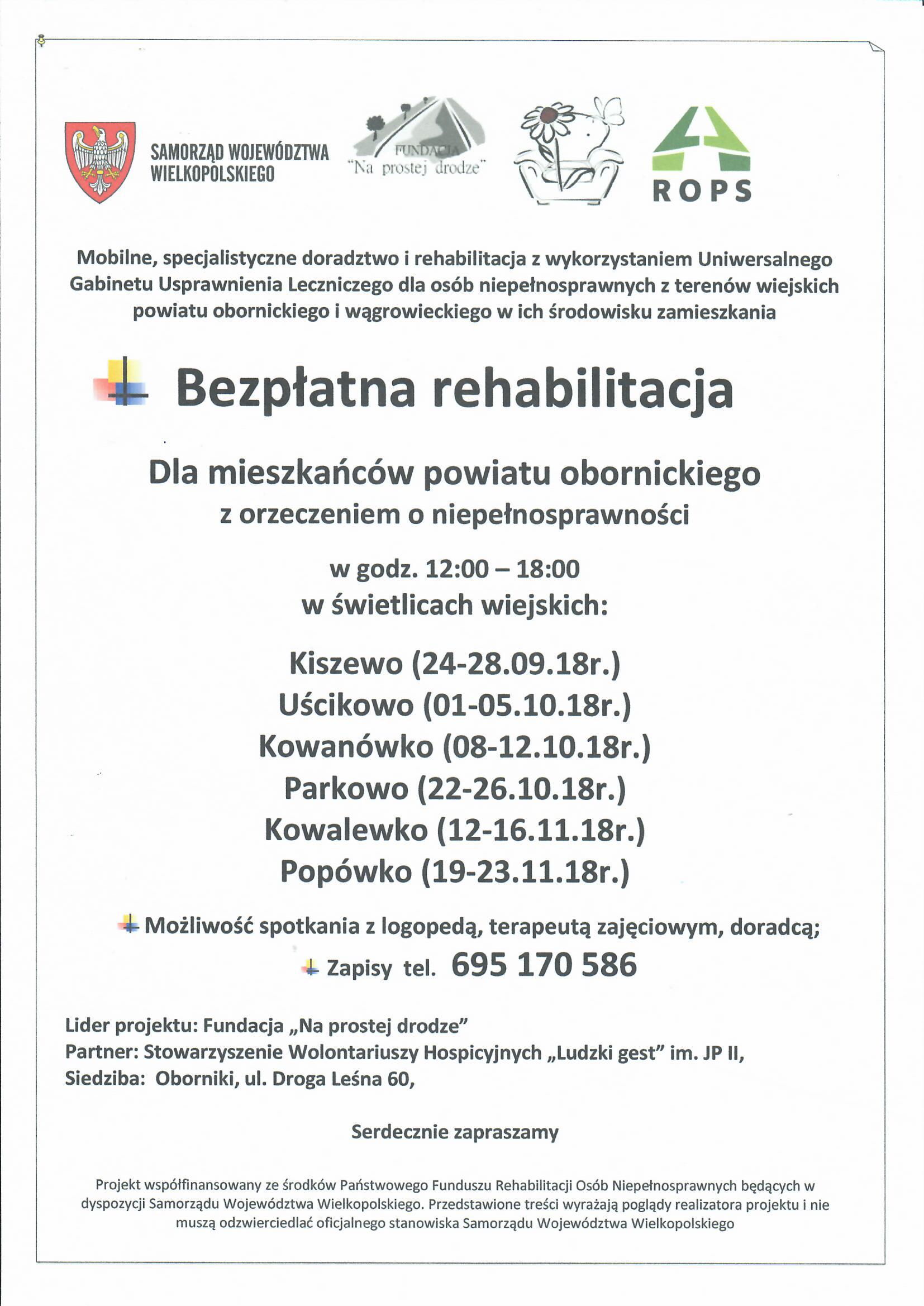 Plakat: Bezpłatna rehabilitacja dla mieszkańców powiatu obornickiego z orzeczeniem o niepełnosprawności – harmonogram w świetlicach wiejskich, wrzesień–listopad 2018, zapisy tel. 695 170 586
