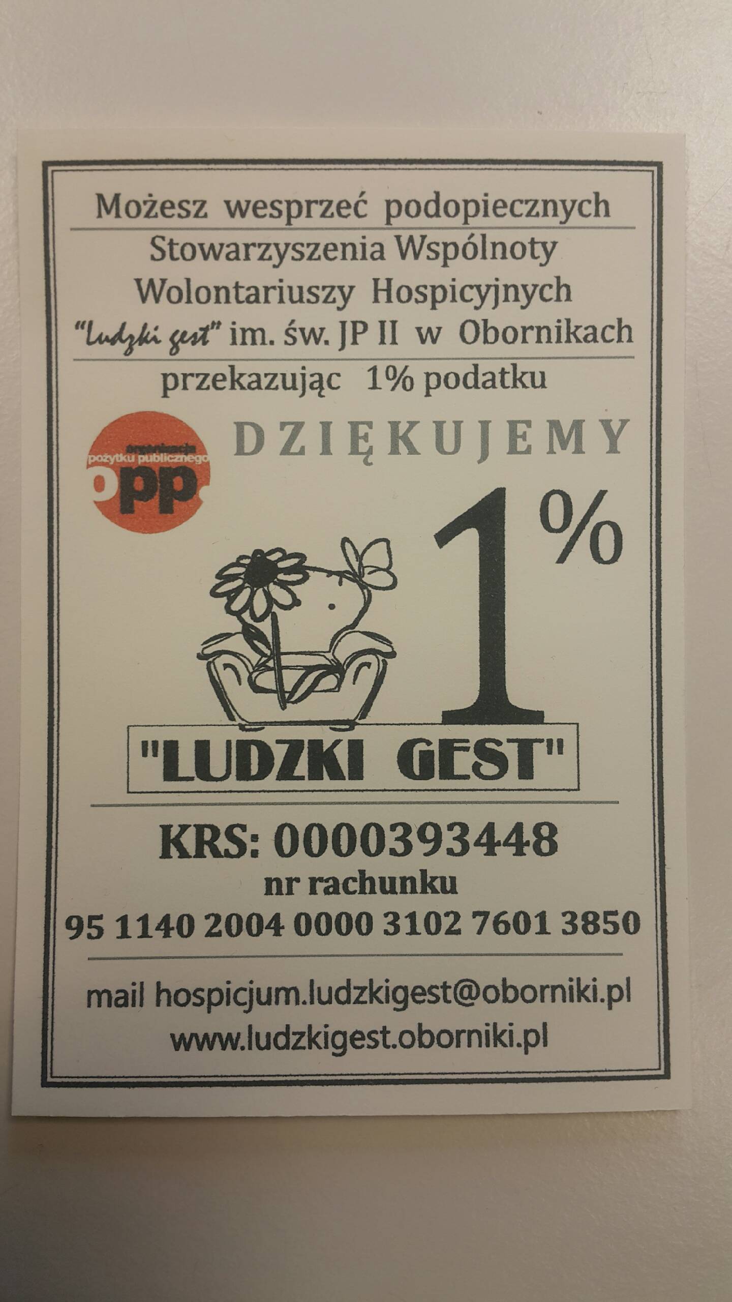 Ulotka: Możesz wesprzeć podopiecznych Stowarzyszenia „Ludzki gest” przekazując 1% podatku – KRS 0000393448