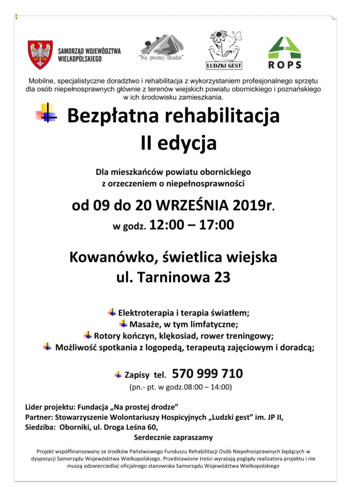 Plakat: Bezpłatna rehabilitacja – II edycja, 9–20 września 2019 r., Kowanówko, świetlica wiejska, ul. Tarninowa 23, zapisy tel. 570 999 710 – pełna treść w tekście poniżej