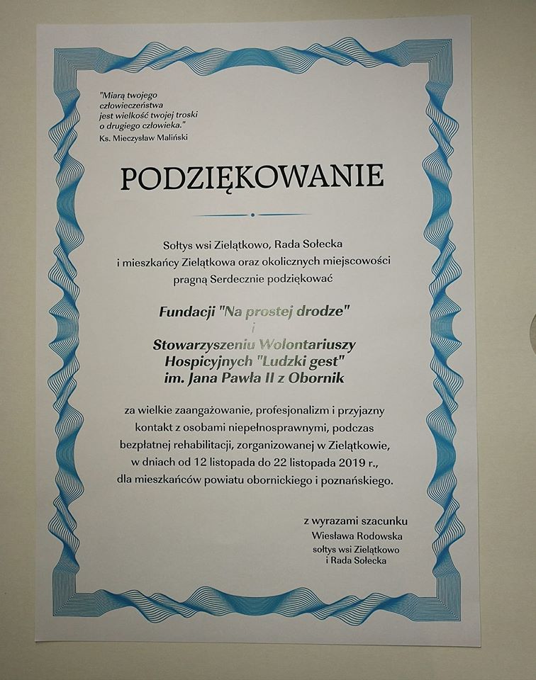 Podziękowanie od sołtys i Rady Sołeckiej Zielątkowa za bezpłatną rehabilitację w listopadzie 2019 r.