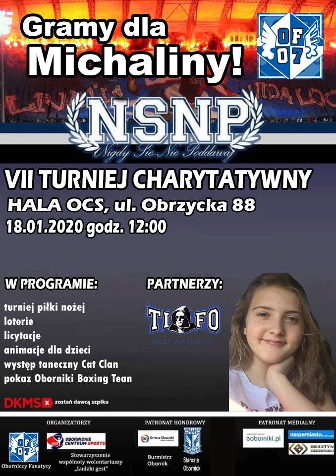 Plakat: Gramy dla Michaliny! VII turniej charytatywny OF07, hala OCS, ul. Obrzycka 88, 18.01.2020 r., godz. 12:00 – pełna treść w tekście poniżej