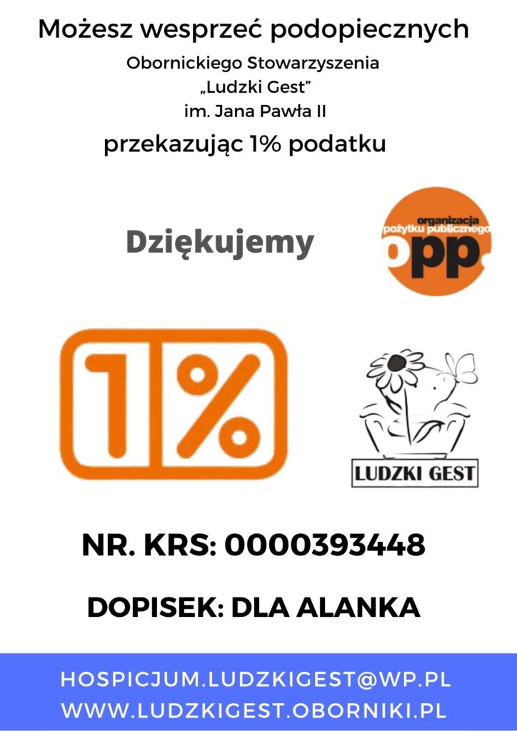 Ulotka „Przekaż 1%” dla Alana – KRS 0000393448; numer konta podany w tekście strony