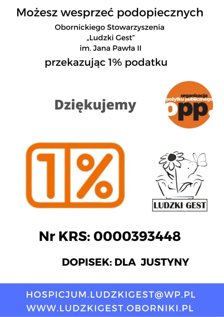 Ulotka „Przekaż 1%” dla Justyny – KRS 0000393448; numer konta podany w tekście strony