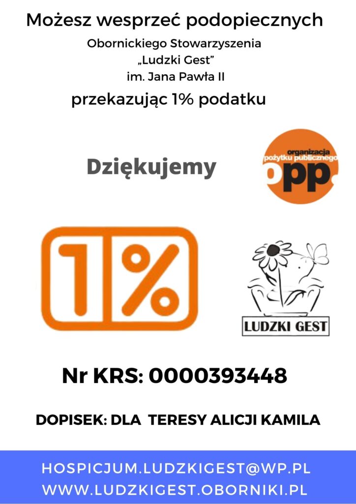 Ulotka „Przekaż 1%” dla Alicji, Teresy i Kamila – KRS 0000393448; numer konta podany w tekście strony