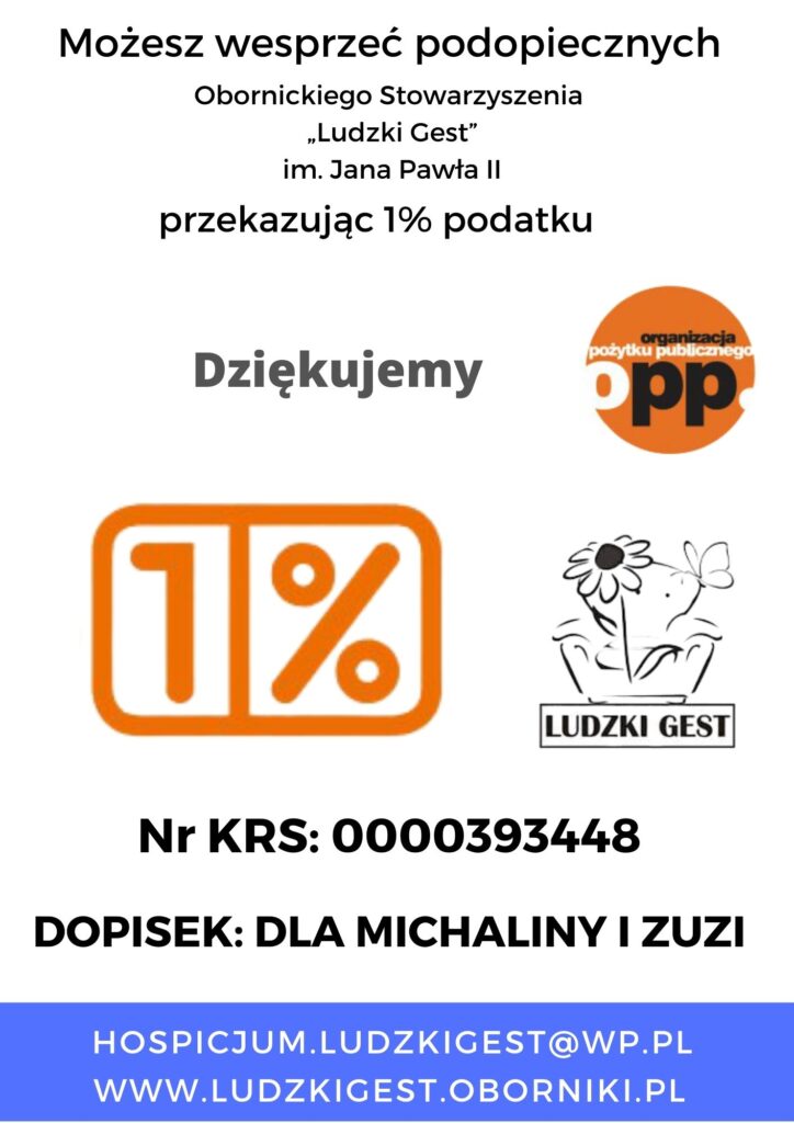 Ulotka „Przekaż 1%” dla Michaliny i Zuzi – KRS 0000393448; numer konta podany w tekście strony