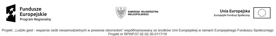 Zestawienie znaków: Fundusze Europejskie Program Regionalny, Samorząd Województwa Wielkopolskiego, Unia Europejska – Europejski Fundusz Społeczny; projekt nr RPWP.07.02.02-30-0117/19